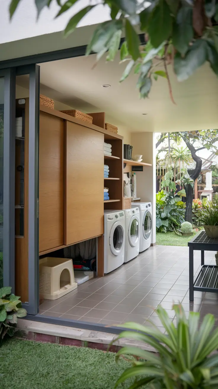 Storage unit designed for hidden litter box in the laundry room for cat