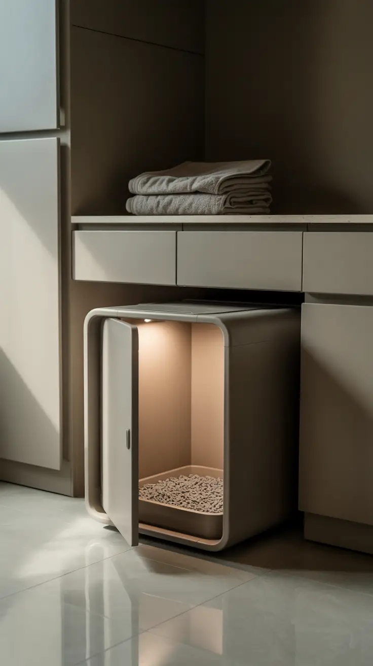 cat litter box with Sliding doors for easy access in laundry room