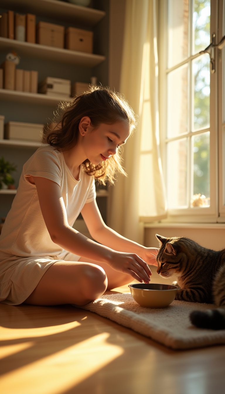 A young girl feeding her cat in a Cat Room