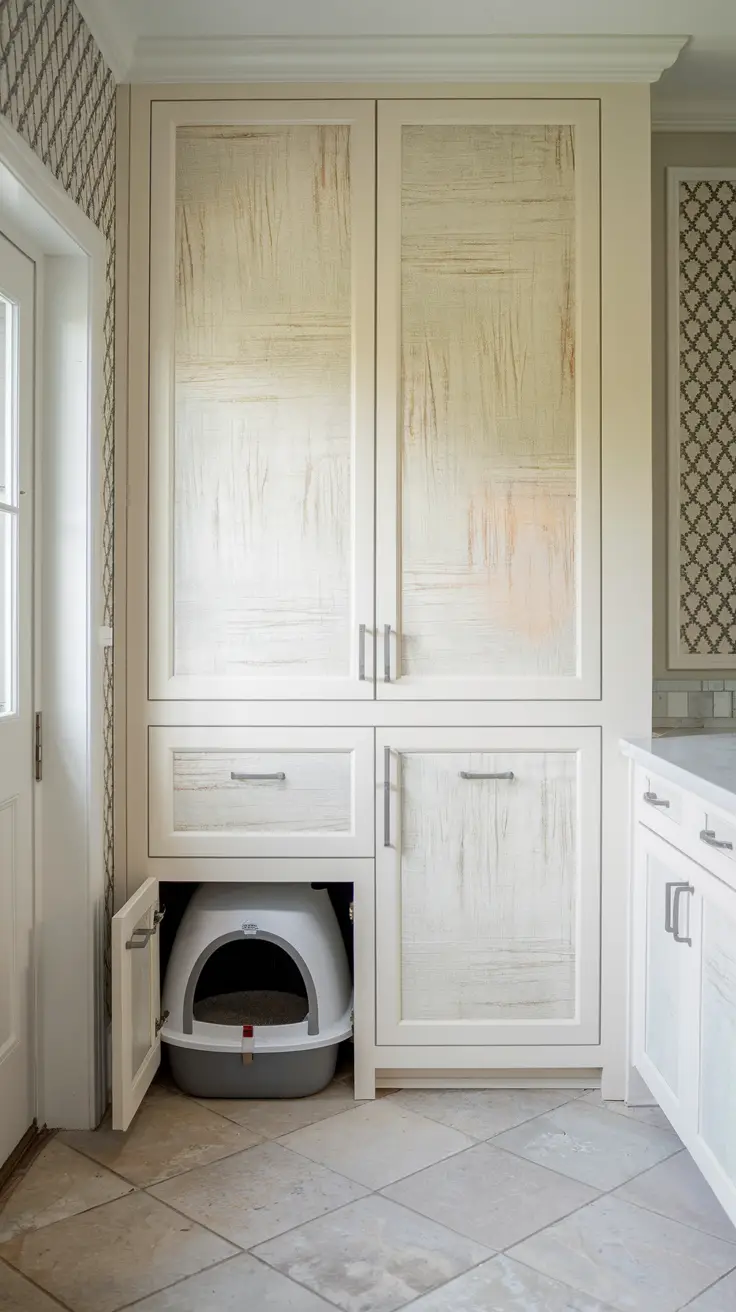 laundry room with a faux cabinet panel that conceals a cat litter box