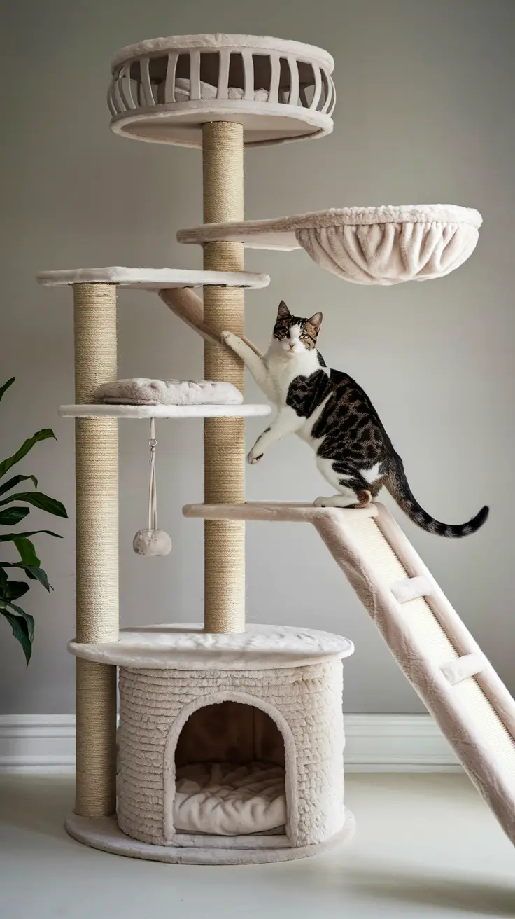 A cat climbing a scratching post on a cat tree