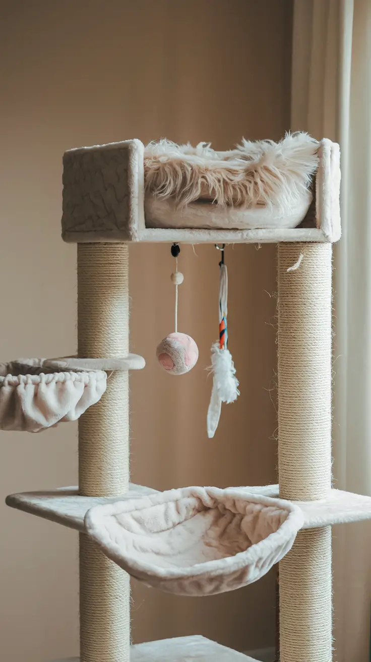 A stylish cat tree with soft, plush accessories