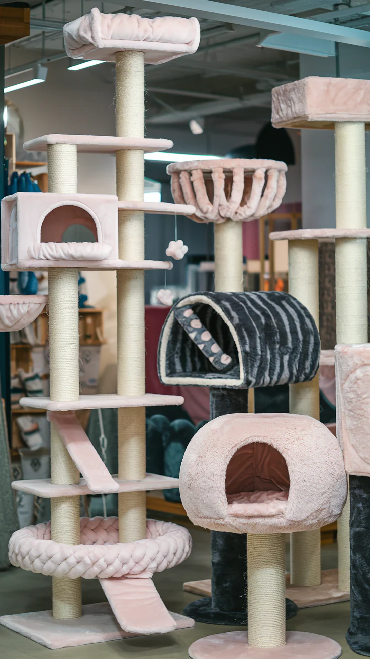 A variety of colorful cat trees displayed in a pet store
