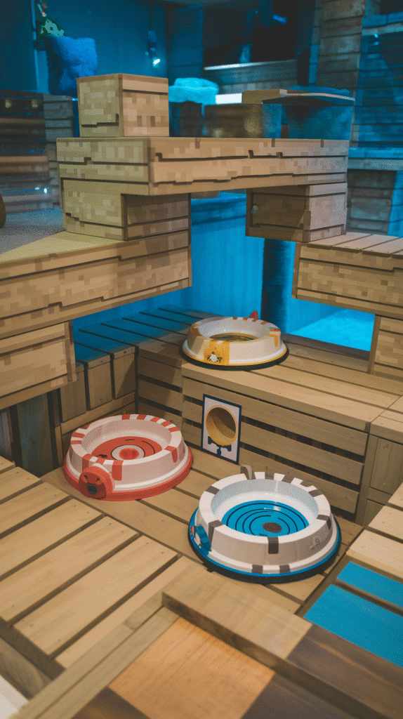 Feeding Station with Custom Bowls in Minecraft style cat room