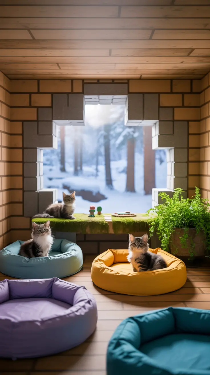 Minecraft-style cat room with window perches for sunbathing
