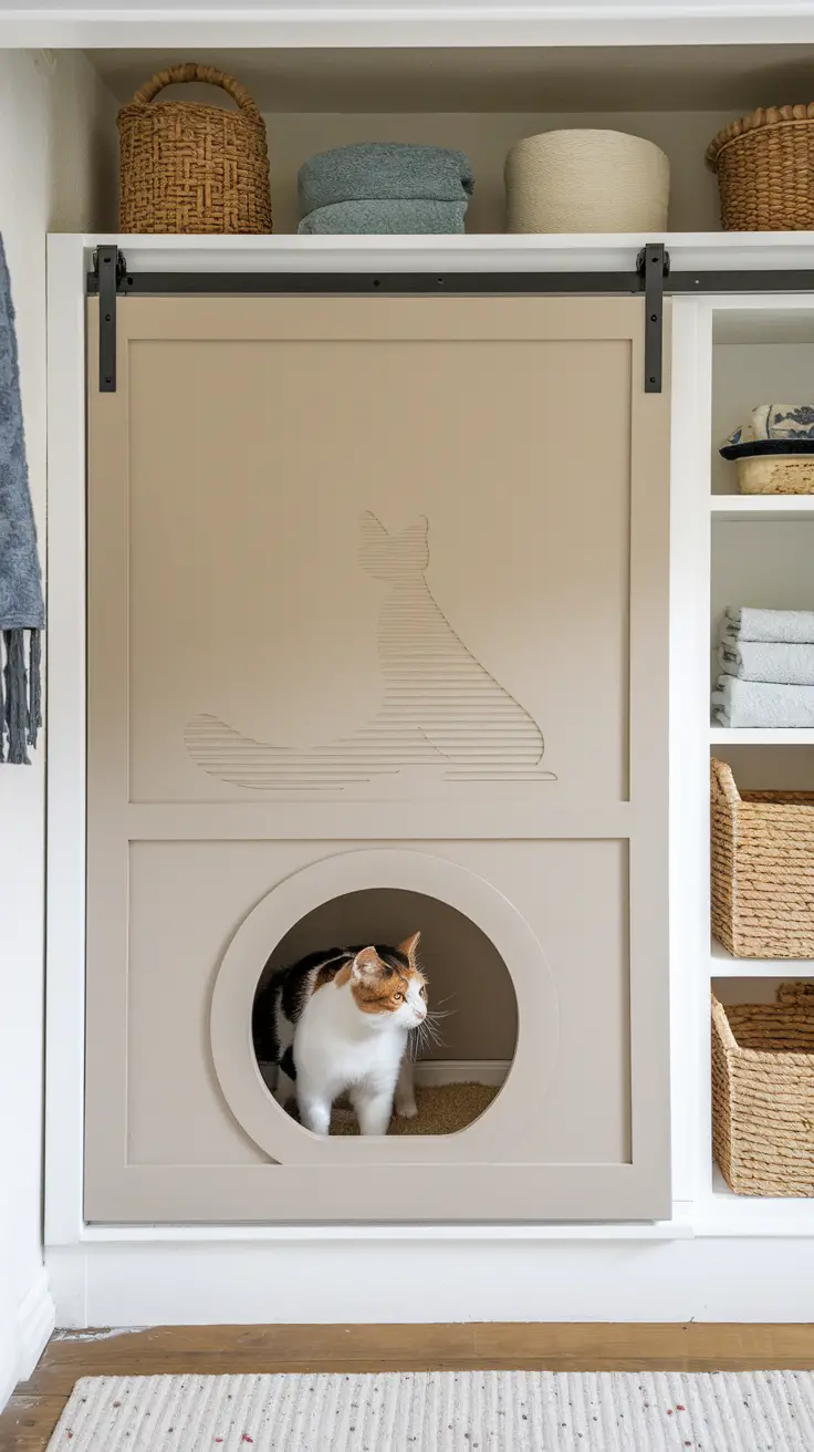 Sliding Door Enclosure for Easy Access for cats for hidden litter box in laundry room