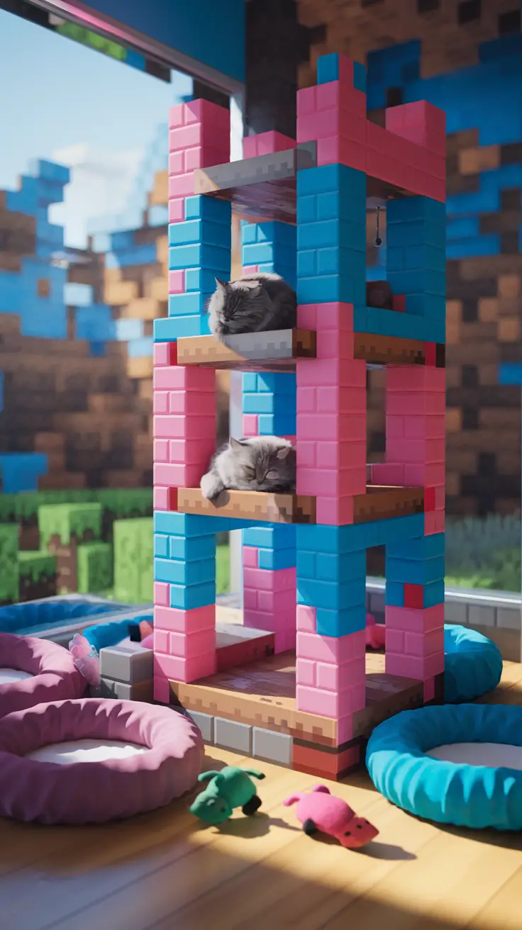 cozy cat corner i room with cat tree designed in the style of Minecraft