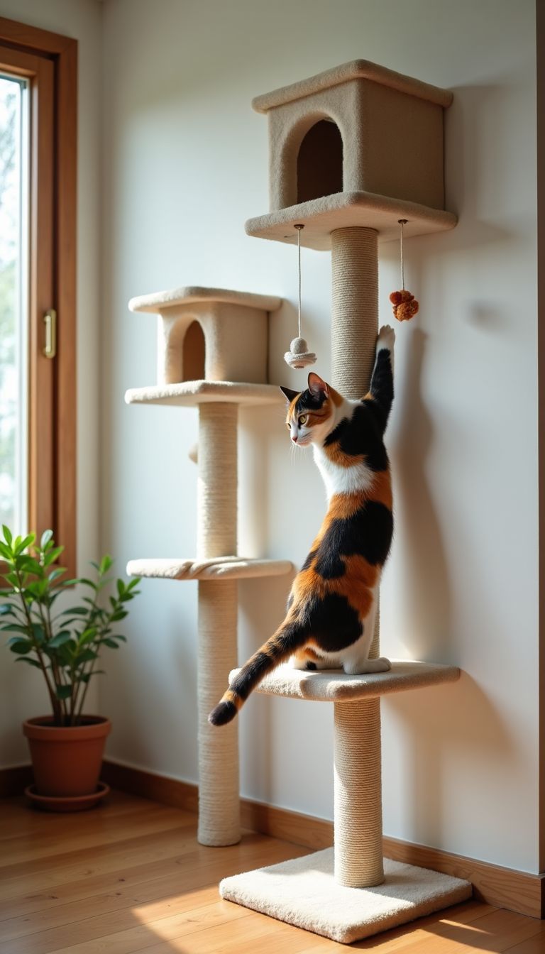A calico cat plays on a wall-mounted cat playground in a living room.
