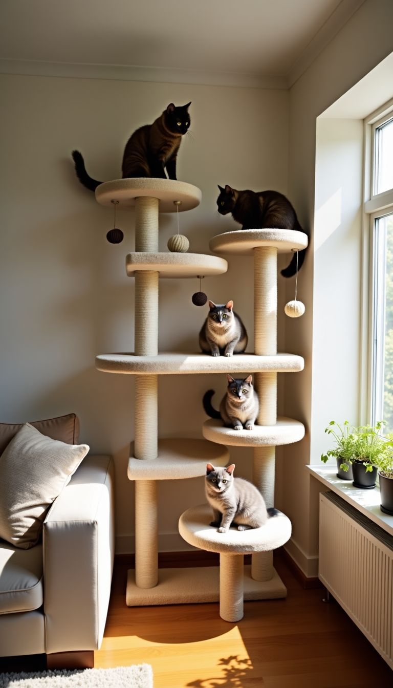 A cozy living room with a DIY cat jungle gym and playful cats.