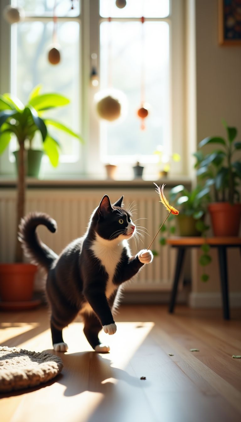 A cat playing in a cozy, sunlit living room with toys.