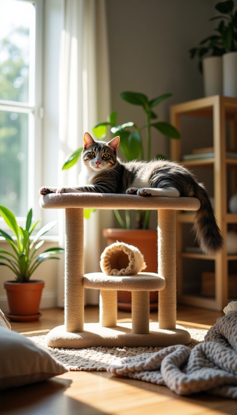 A cat is lounging on a shelf surrounded by cat toys and climbing structures in a cozy room.