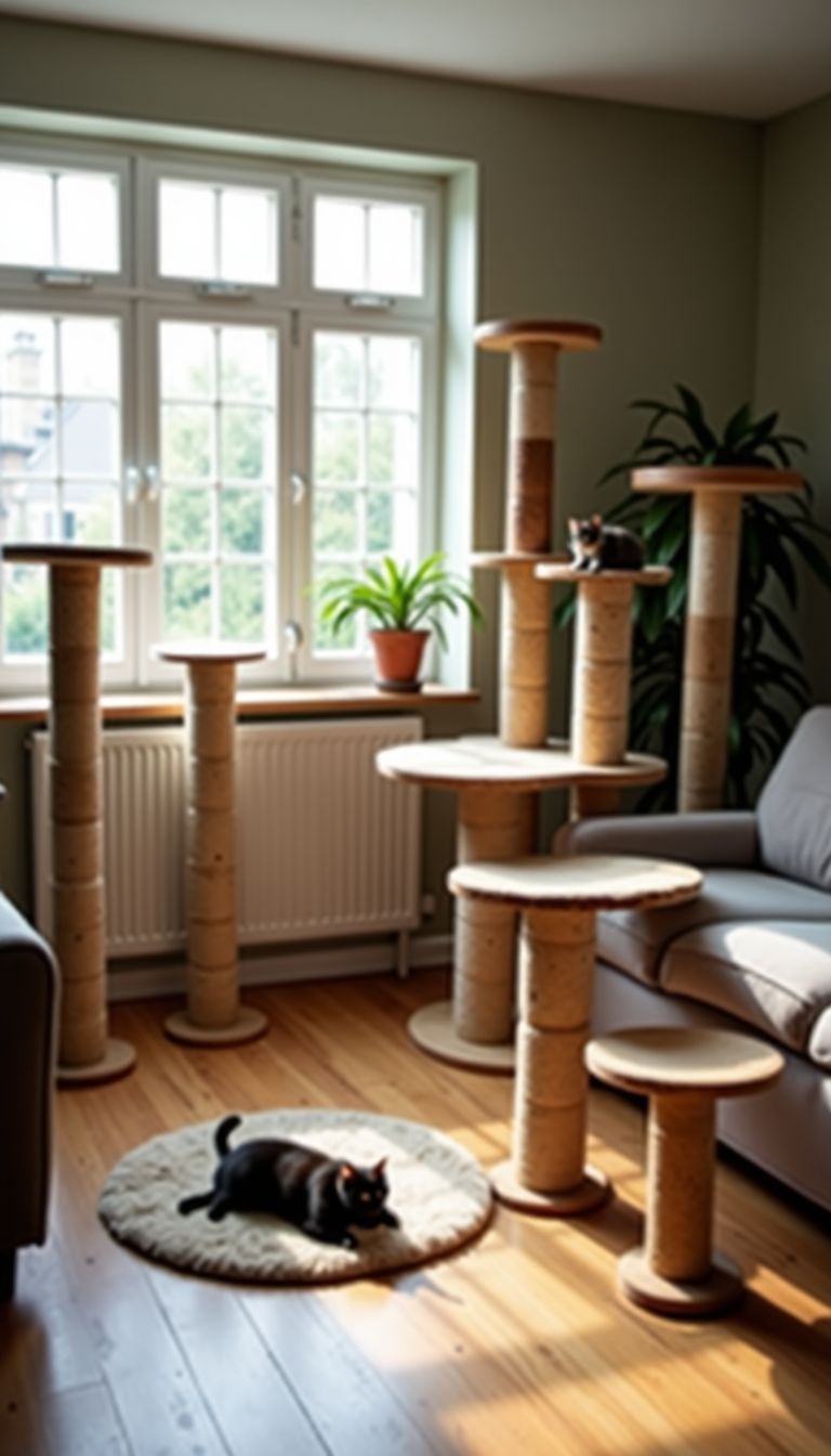 A cozy living room with handmade wooden structures and toys for cats.