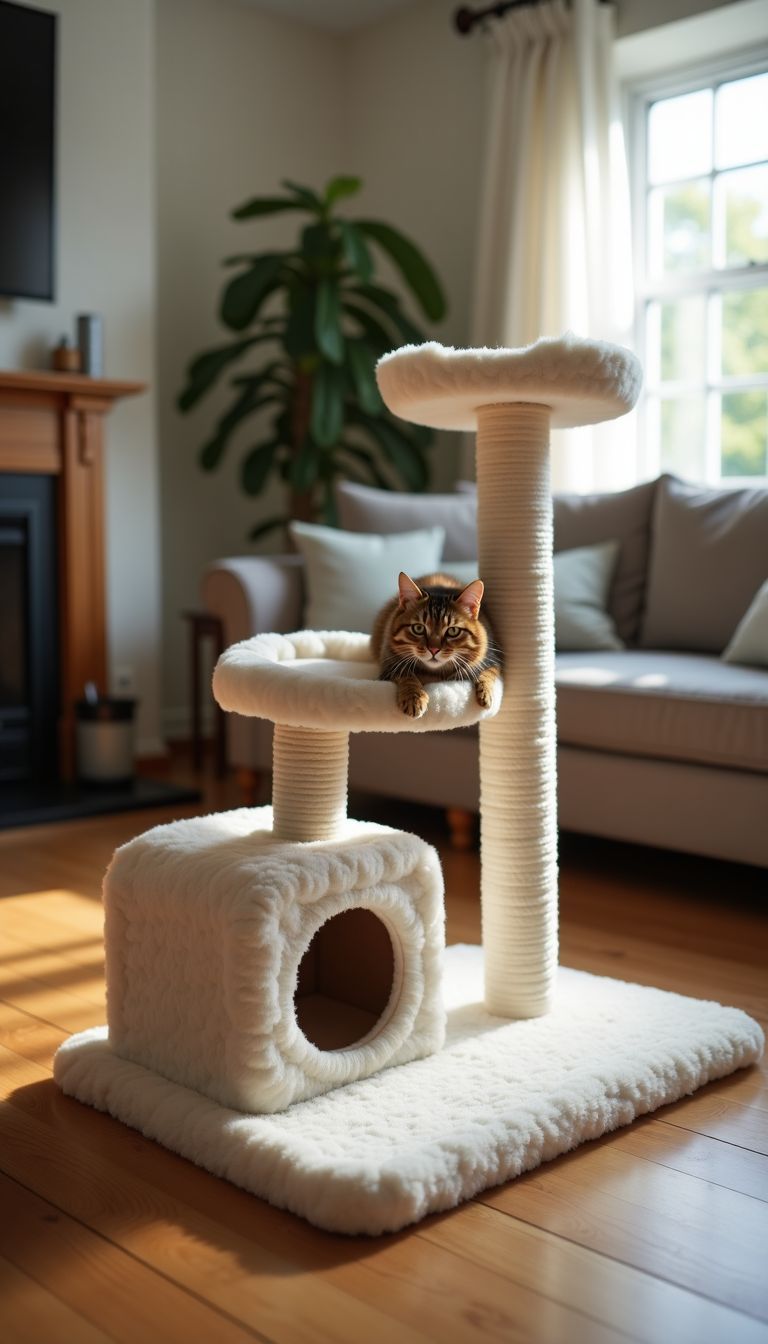 A cozy living room featuring a well-maintained cat gym.