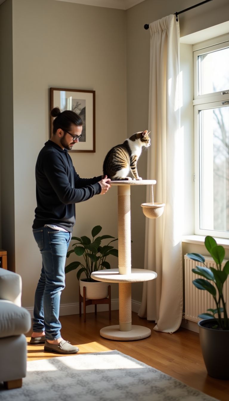 A cat owner measures living room walls for new jungle gym.