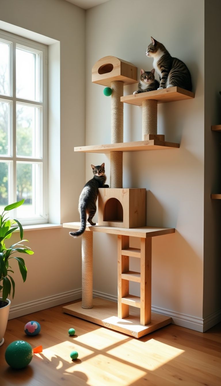 Two cats playing on DIY cat jungle gym in bright room.
