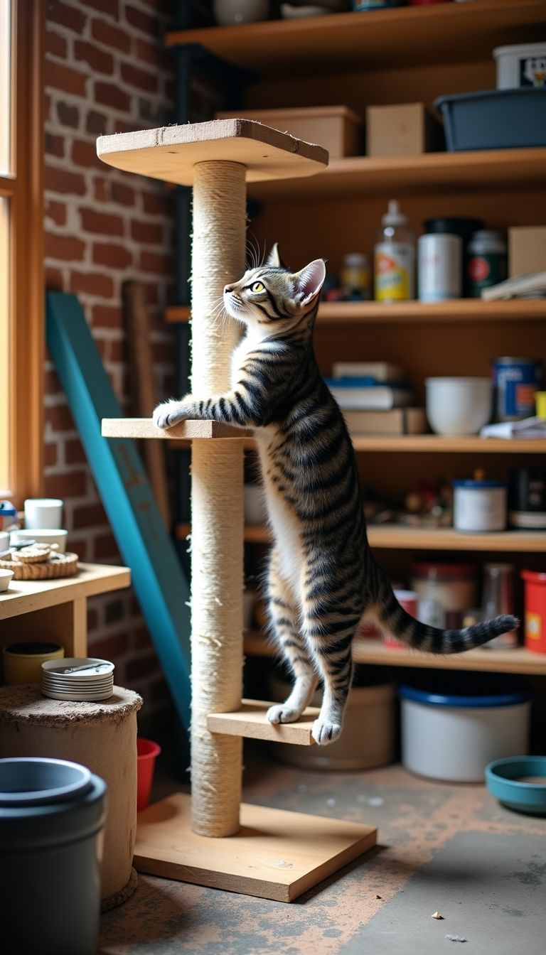 A cluttered workspace with scattered tools and a half-built cat jungle gym.