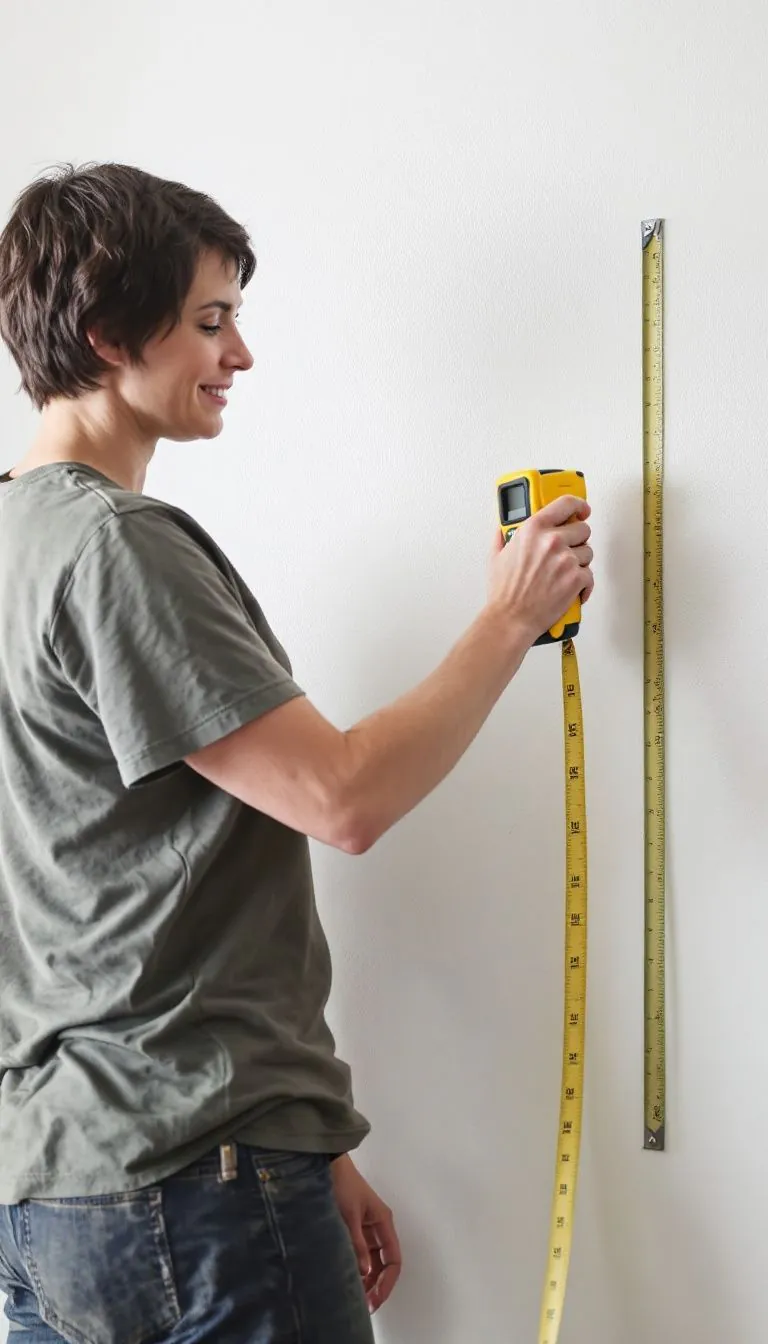 A person uses a stud finder to plan cat shelves placement.
