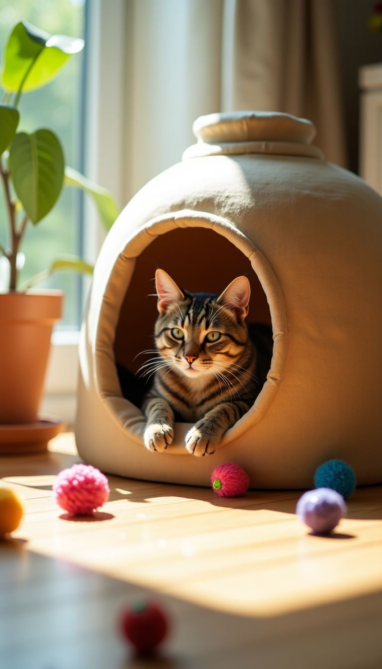 A cat lounges in a handmade wall house, surrounded by toys.