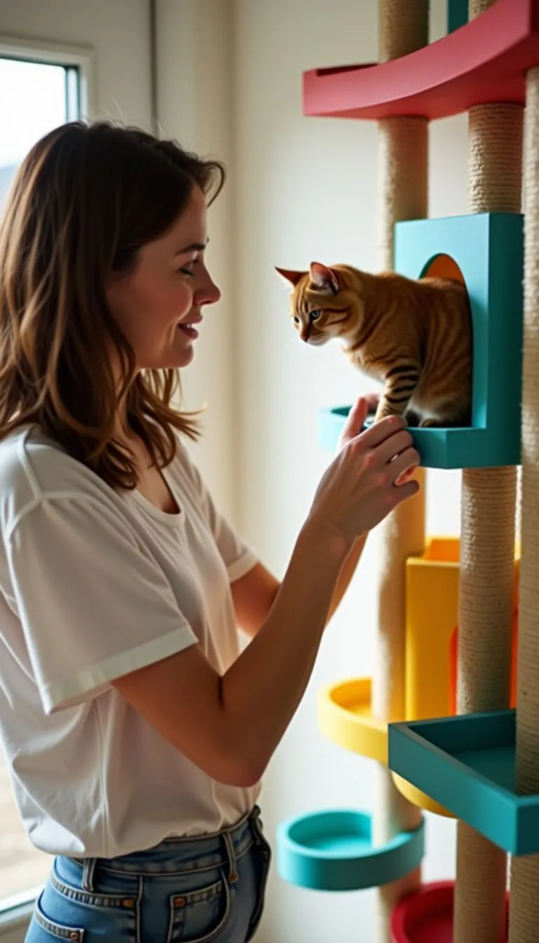 A person setting up a colorful cat wall house for their pet.
