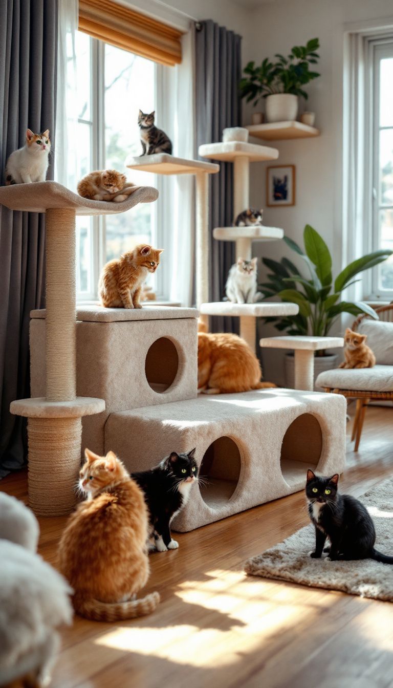 A cozy living room with multiple cat shelves and play areas for various cats.