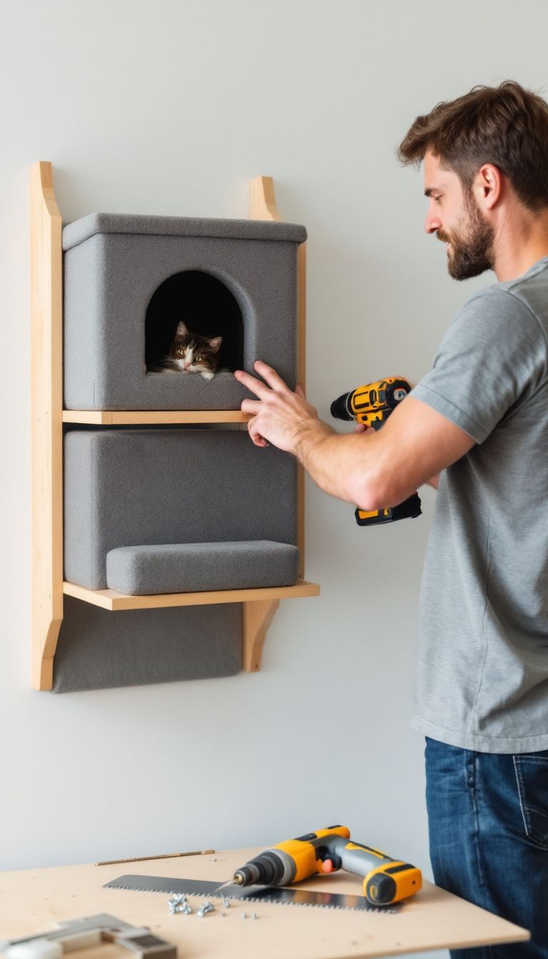 A person assembling a cat wall house with drill and tools.