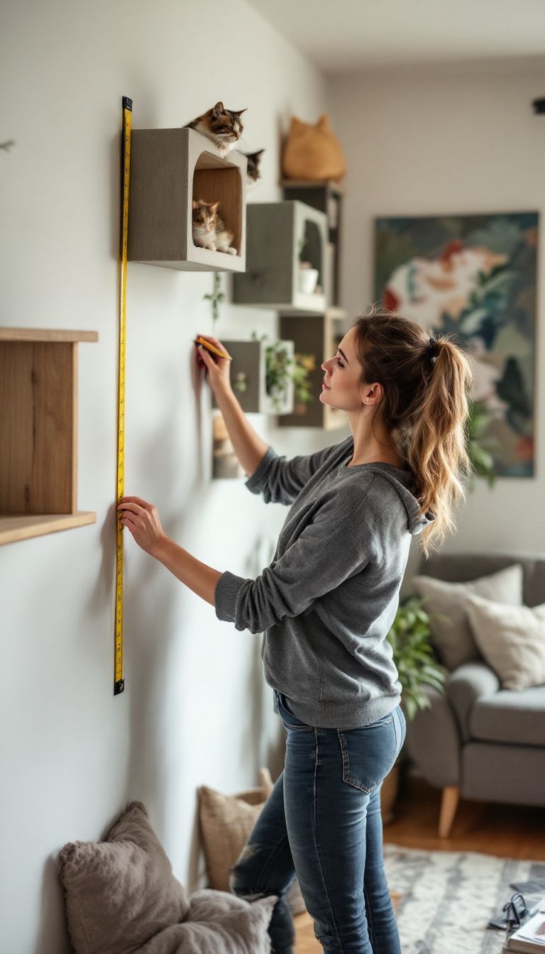 A woman measures wall for custom cat climbing shelves design.