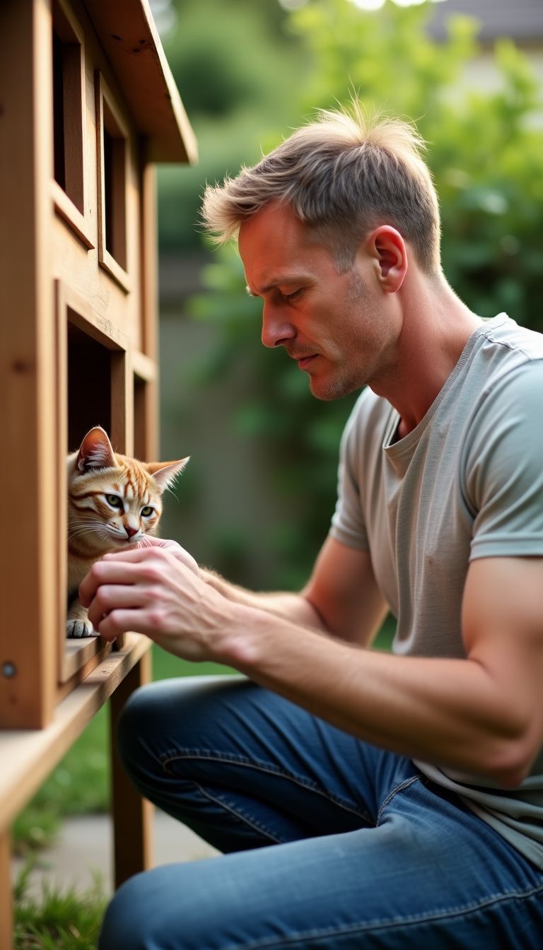 A man is inspecting a homemade cat wall house in a backyard.