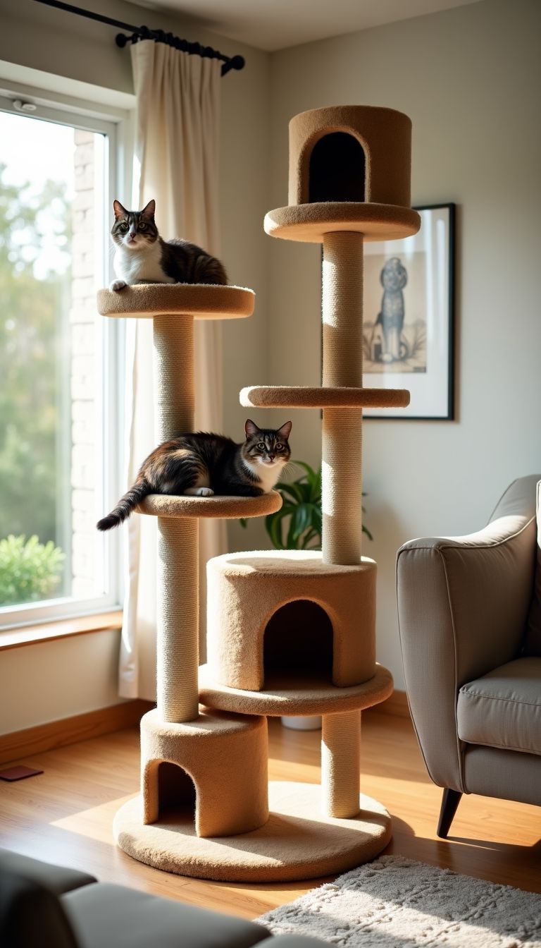 A cozy living room with a multi-level cat climbing wall.