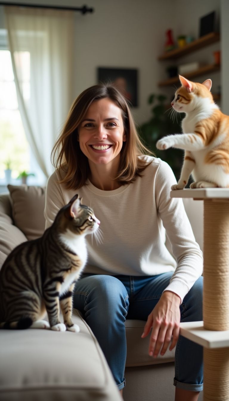 A woman enjoys time with her playful cats in a cozy living room.
