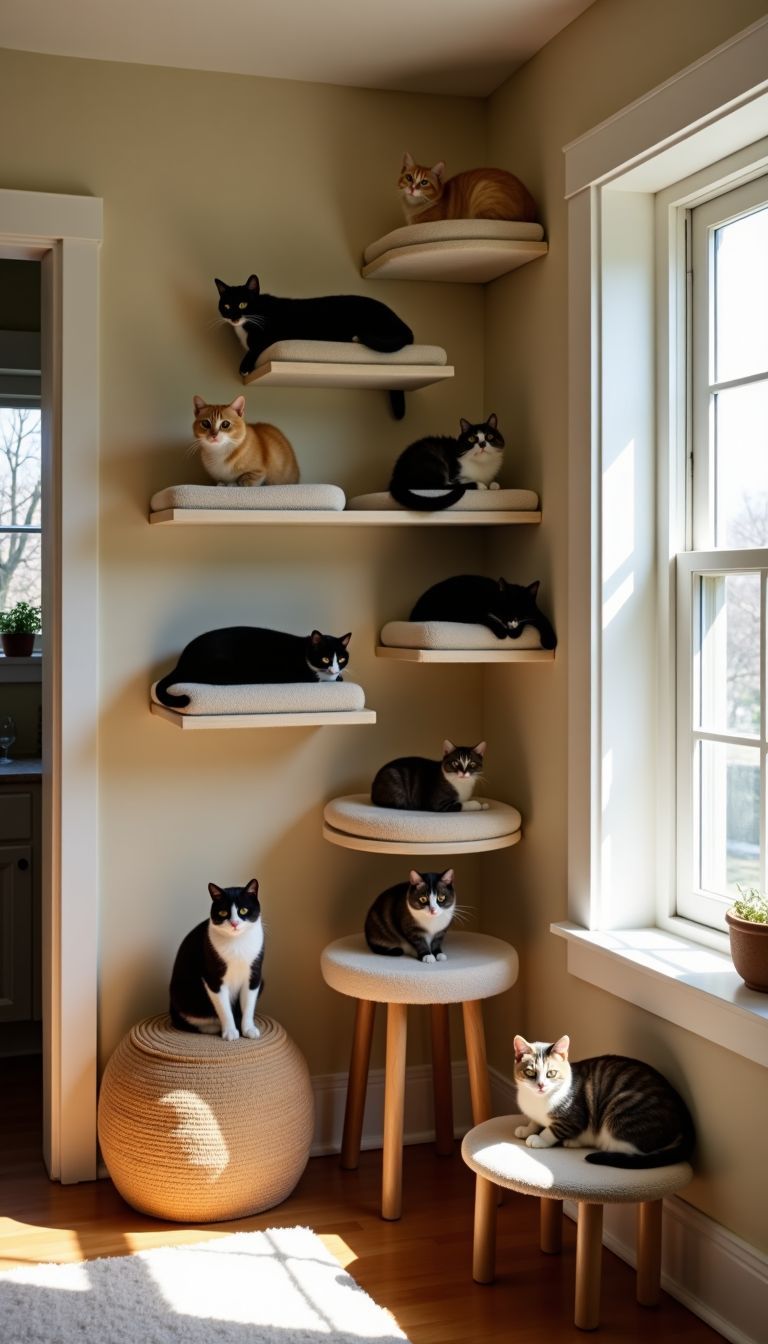 A cozy room with multiple cat shelves for feline exploration.