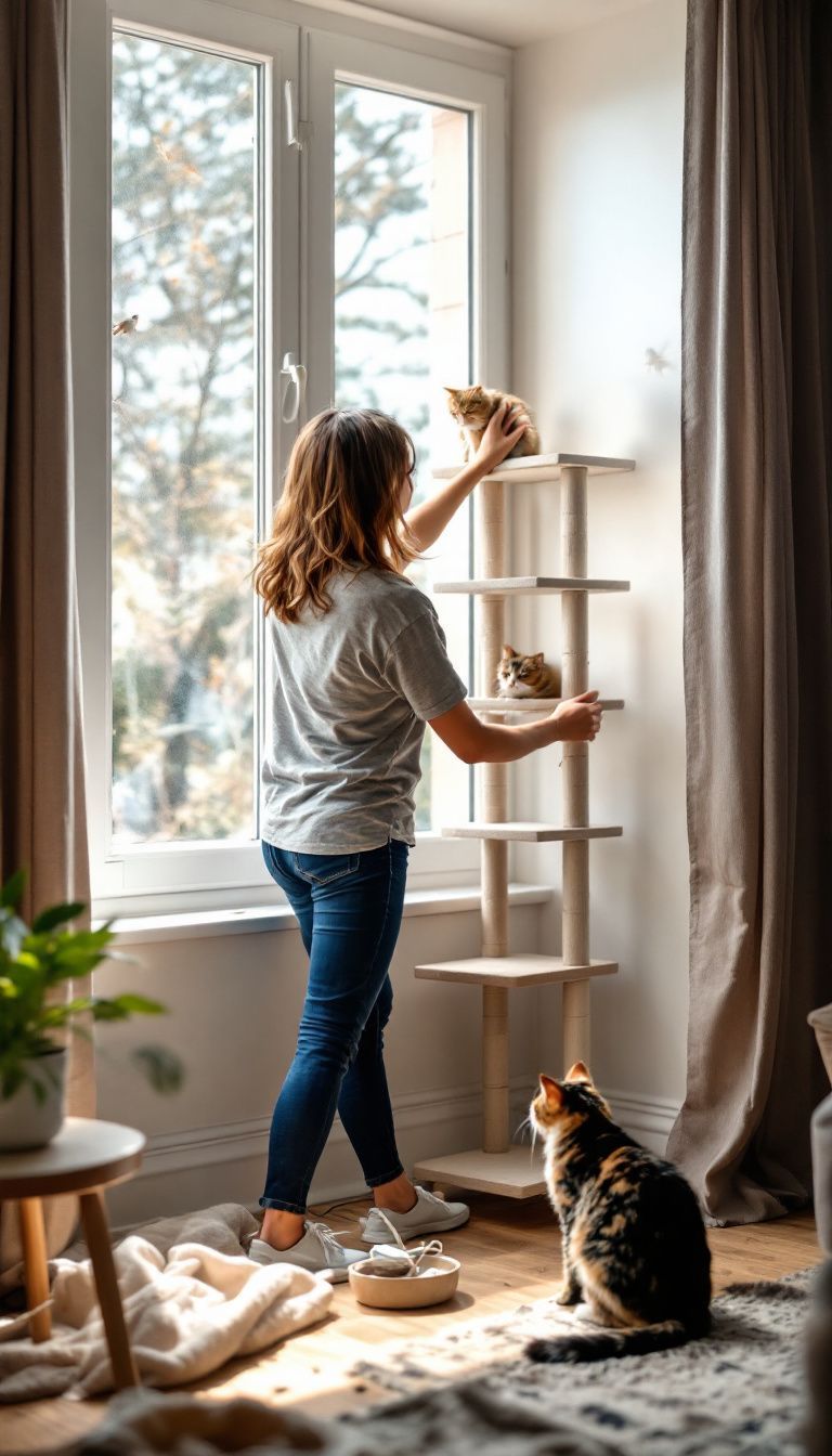 A woman in her 30s installs a corner cat shelf by a window.