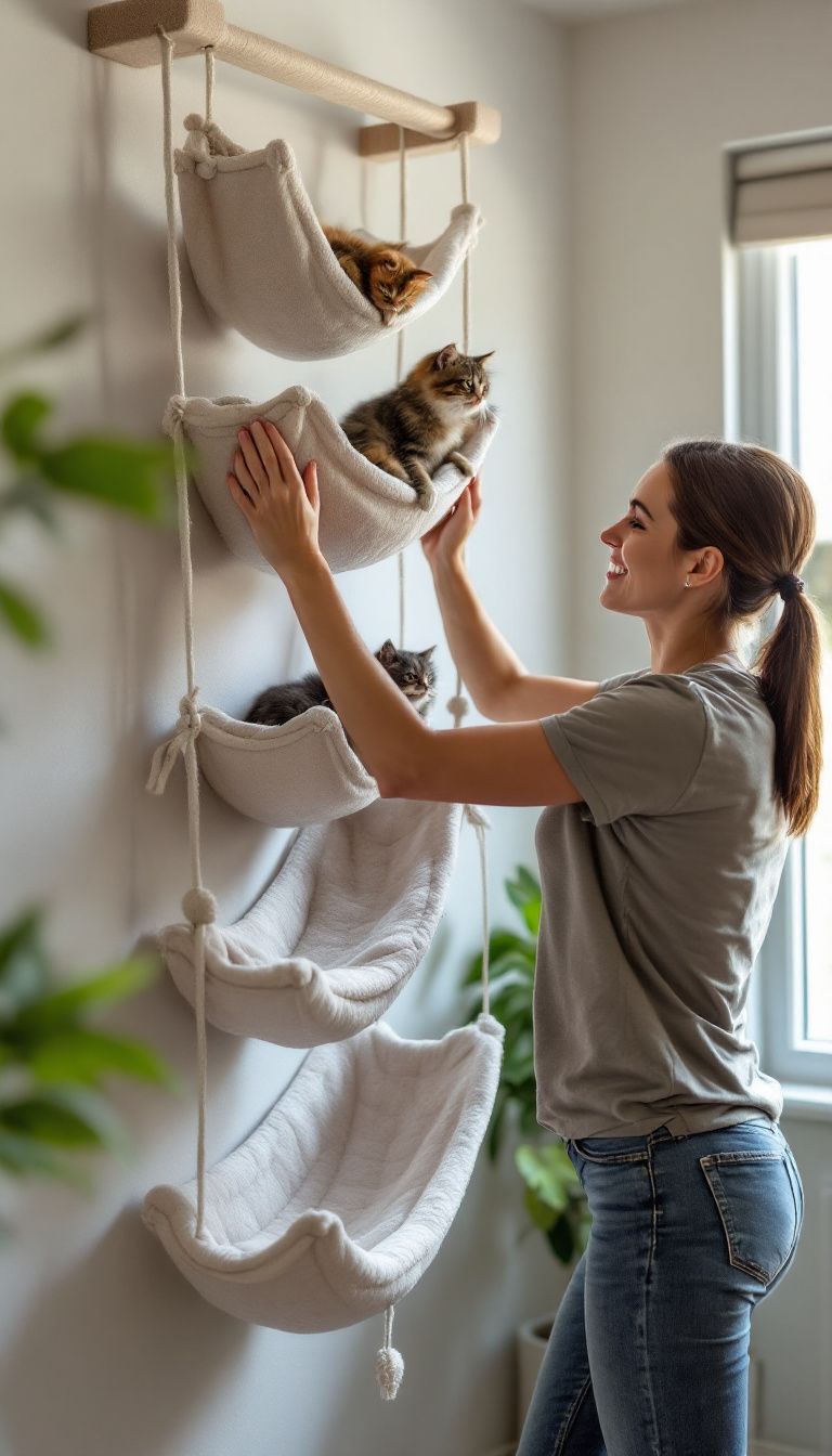 A woman in her 30s is building a DIY cat climbing wall at home.