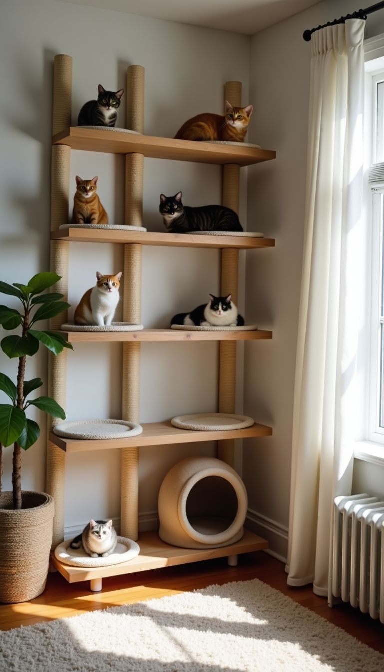 A cat climbing wall with shelves, cozy spots, and feeding areas.