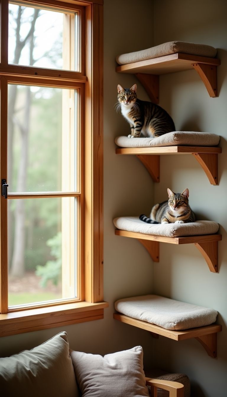 A cozy rustic living room with wooden cat shelves for play.