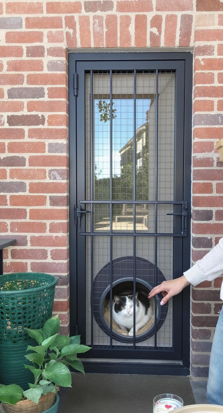 A secure catio entryway with a metal frame and mesh, featuring a circular opening for a cat.