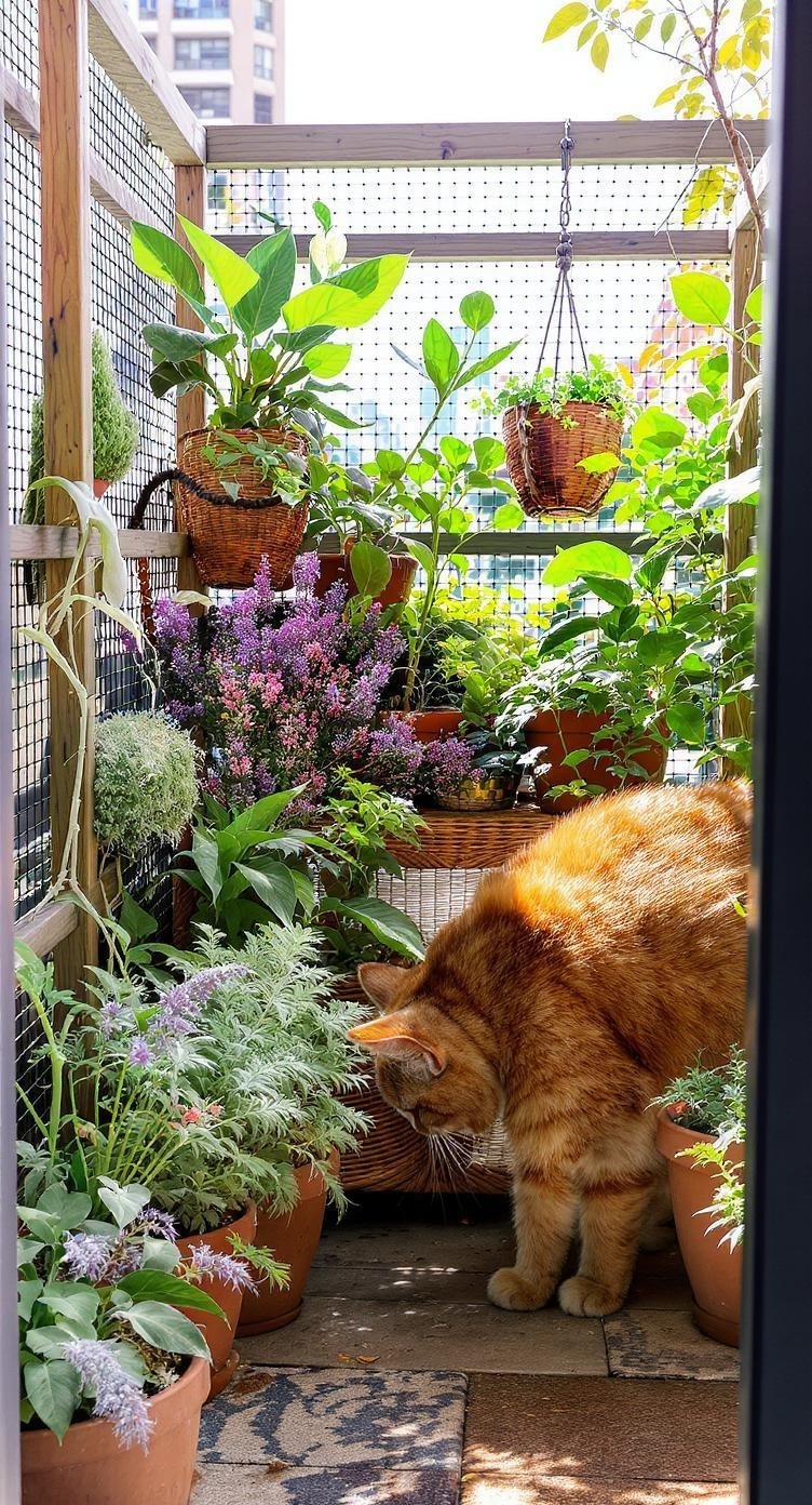 A cozy balcony catio filled with various safe plants and a curious cat exploring the greenery.