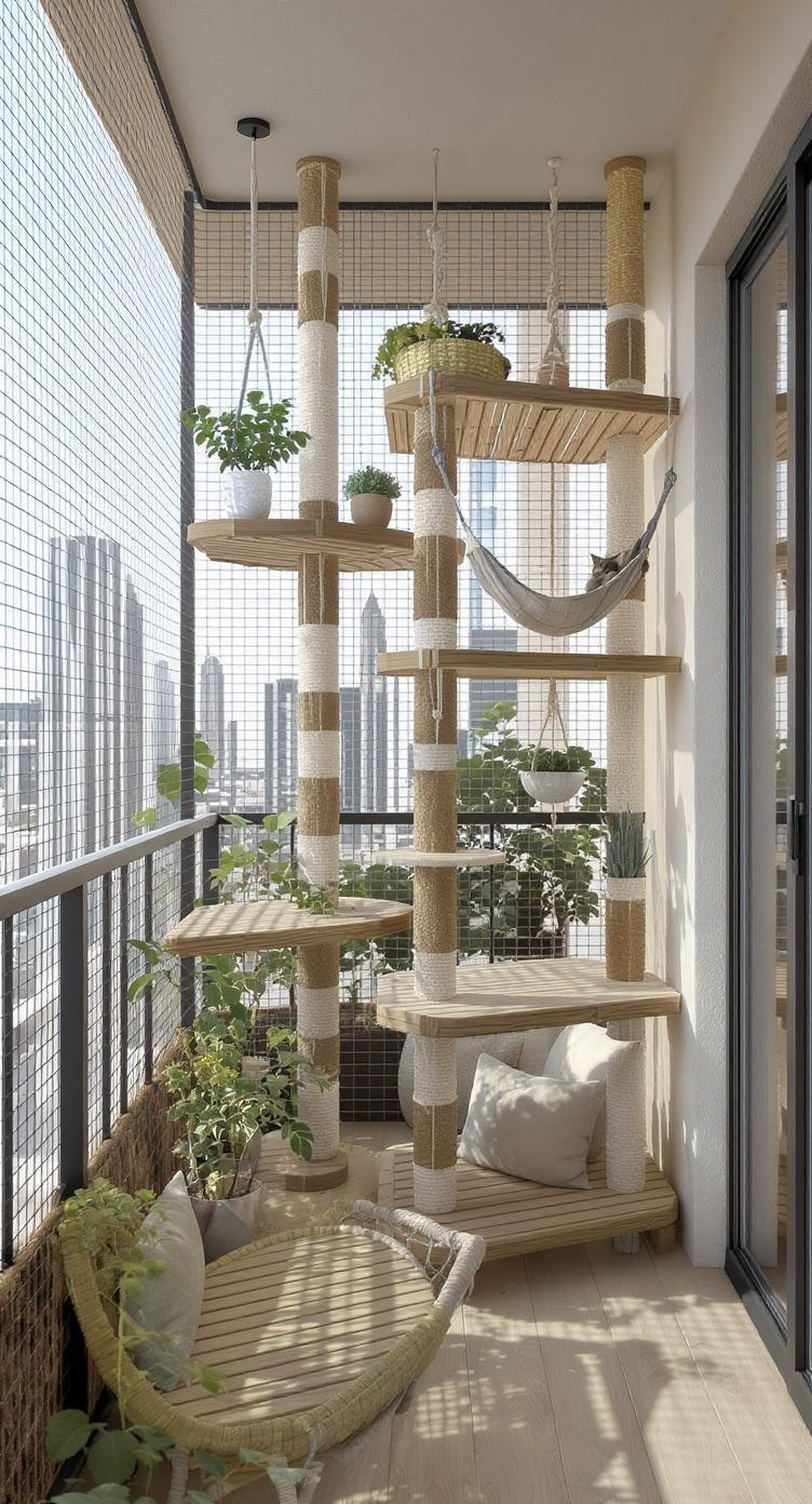 A stylish balcony catio featuring climbing shelves, hammocks, and plants.
