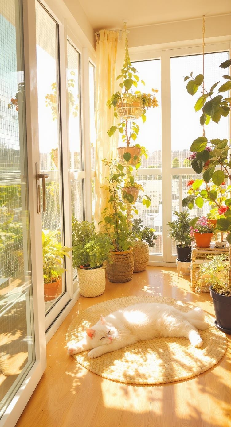 A bright balcony catio with plants and a white cat lounging in the sunlight.