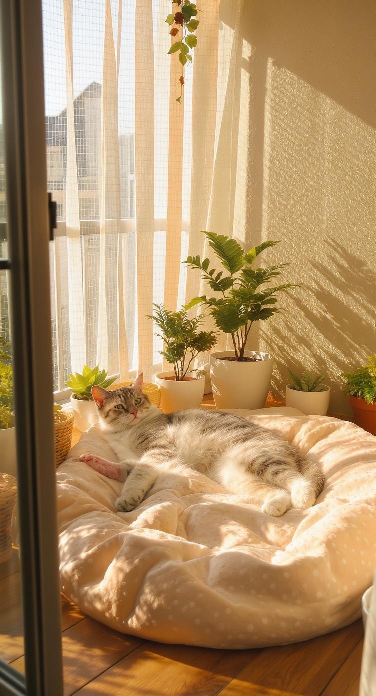 A cozy balcony setup with a cat lounging on a soft bed surrounded by plants and sunlight.