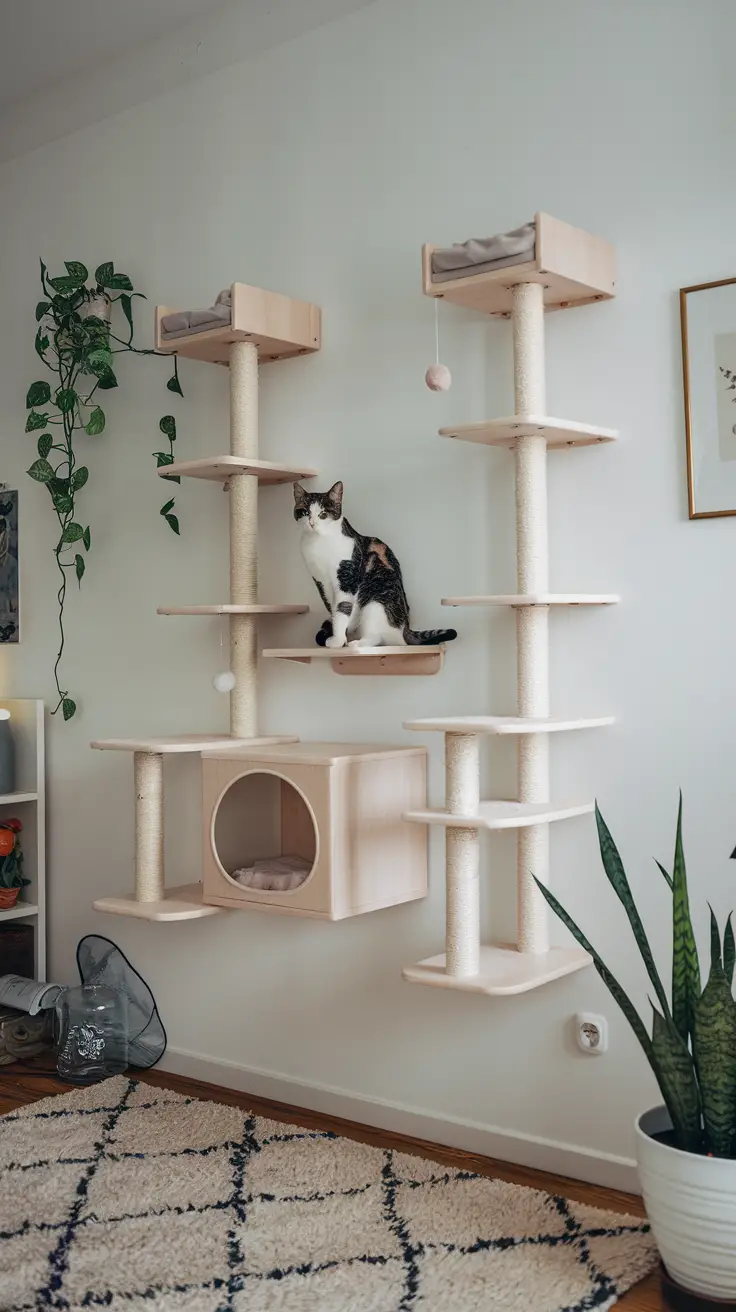 twin wall-mounted cat tree