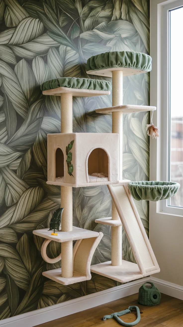 wall-mounted cat tree with scratching elements