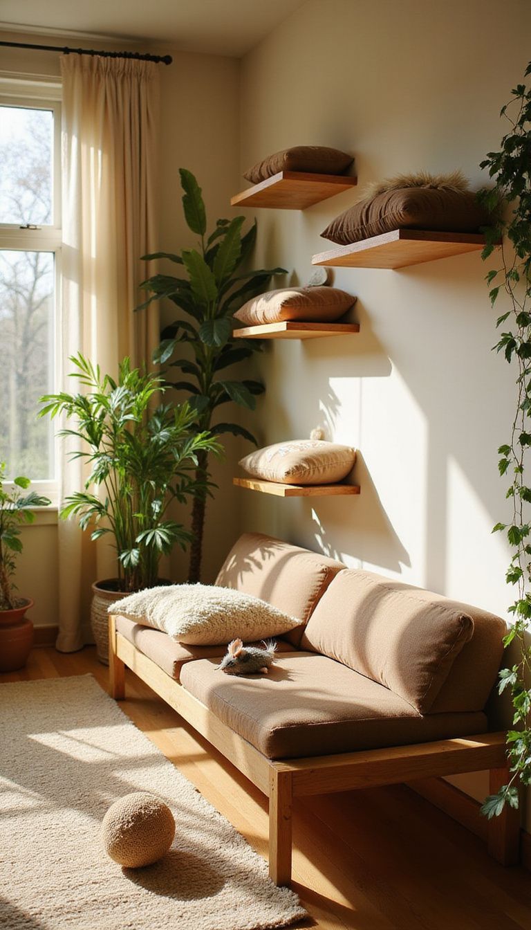 Cozy living room with wooden cat shelves and playful decor. Cozy living room with wooden cat shelves and playful decor.