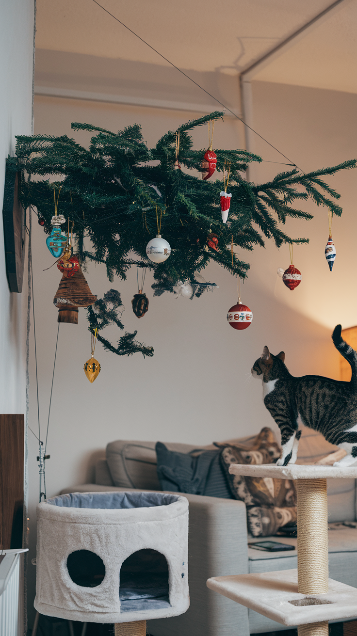 A cozy living room features a leaning Christmas tree and cat condo. Cat-Proof Christmas Tree Ideas