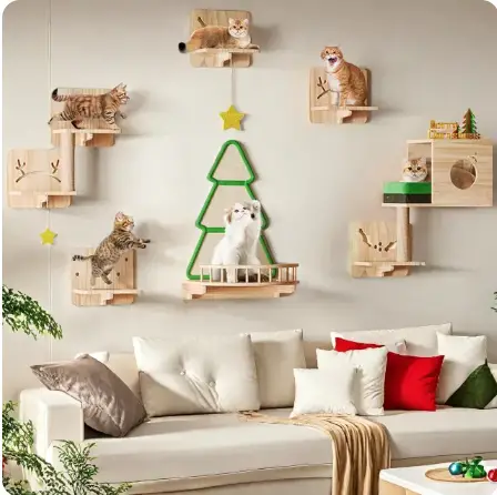 Christmas Solid Wood Cat Wall Shelves and Perches