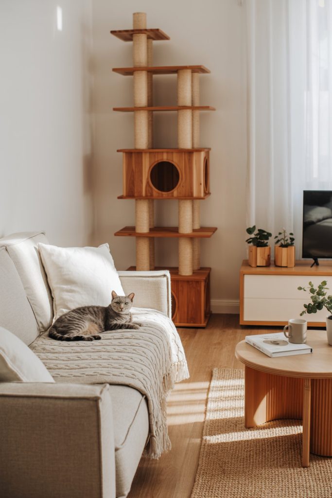 A small apartment living room with a DIY cat wall and multifunctional furniture. cat cozying in living room with his cat tree at the back of the room