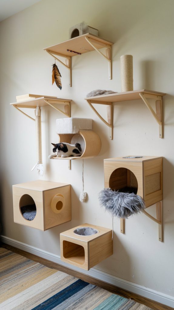 A cozy studio apartment with ample storage and play space for pets. DIY Cat Wall Ideas for Apartment