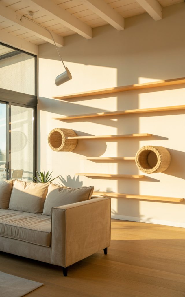 A young adult installs wall-mounted cat shelves in cozy apartment.