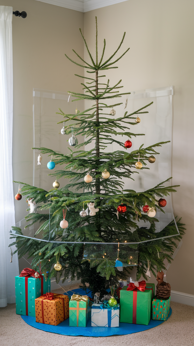 Cozy living room with a wall-mounted Christmas tree and wooden presents. How can I secure a Christmas tree base to keep my cat safe