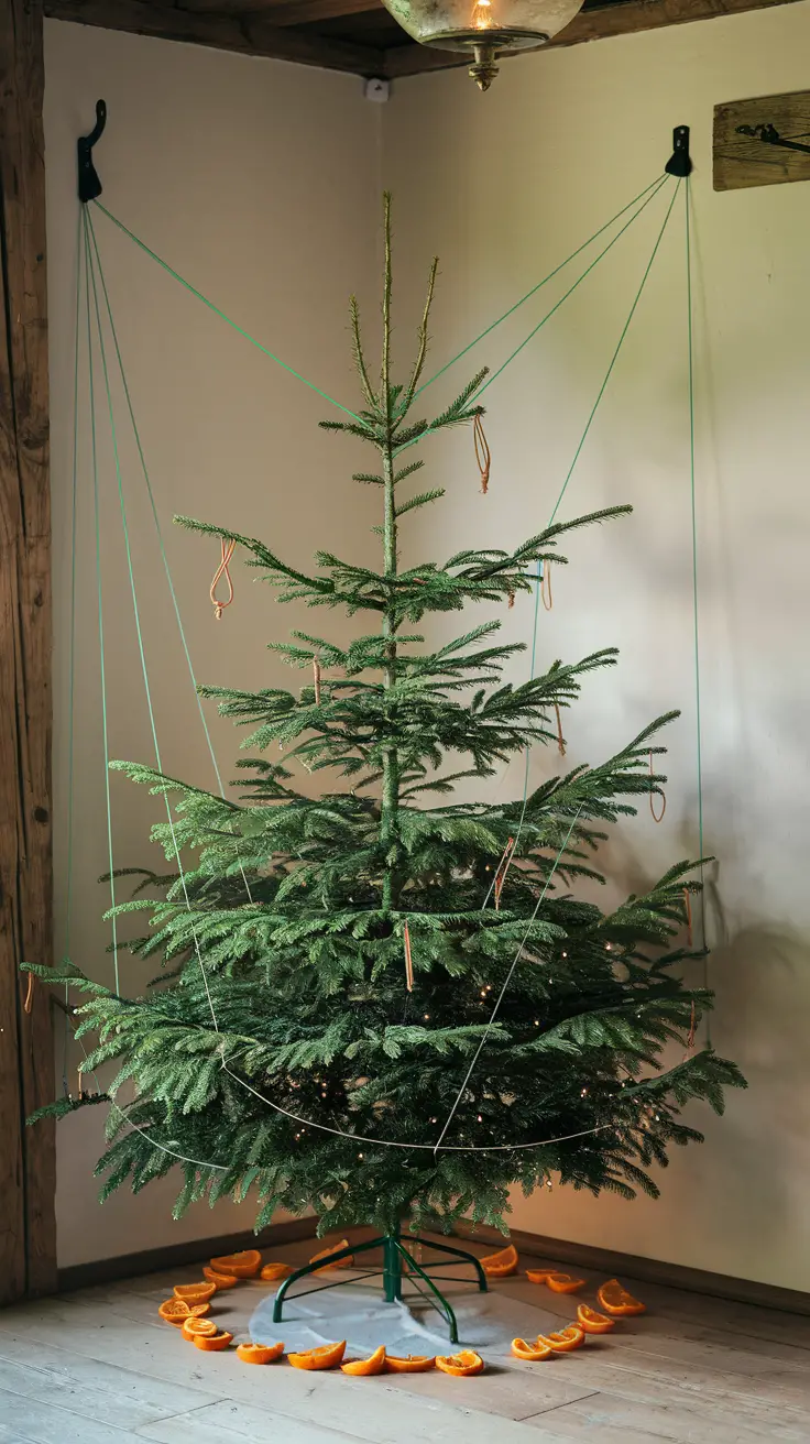 How can you anchor a Christmas tree to a wall or ceiling
