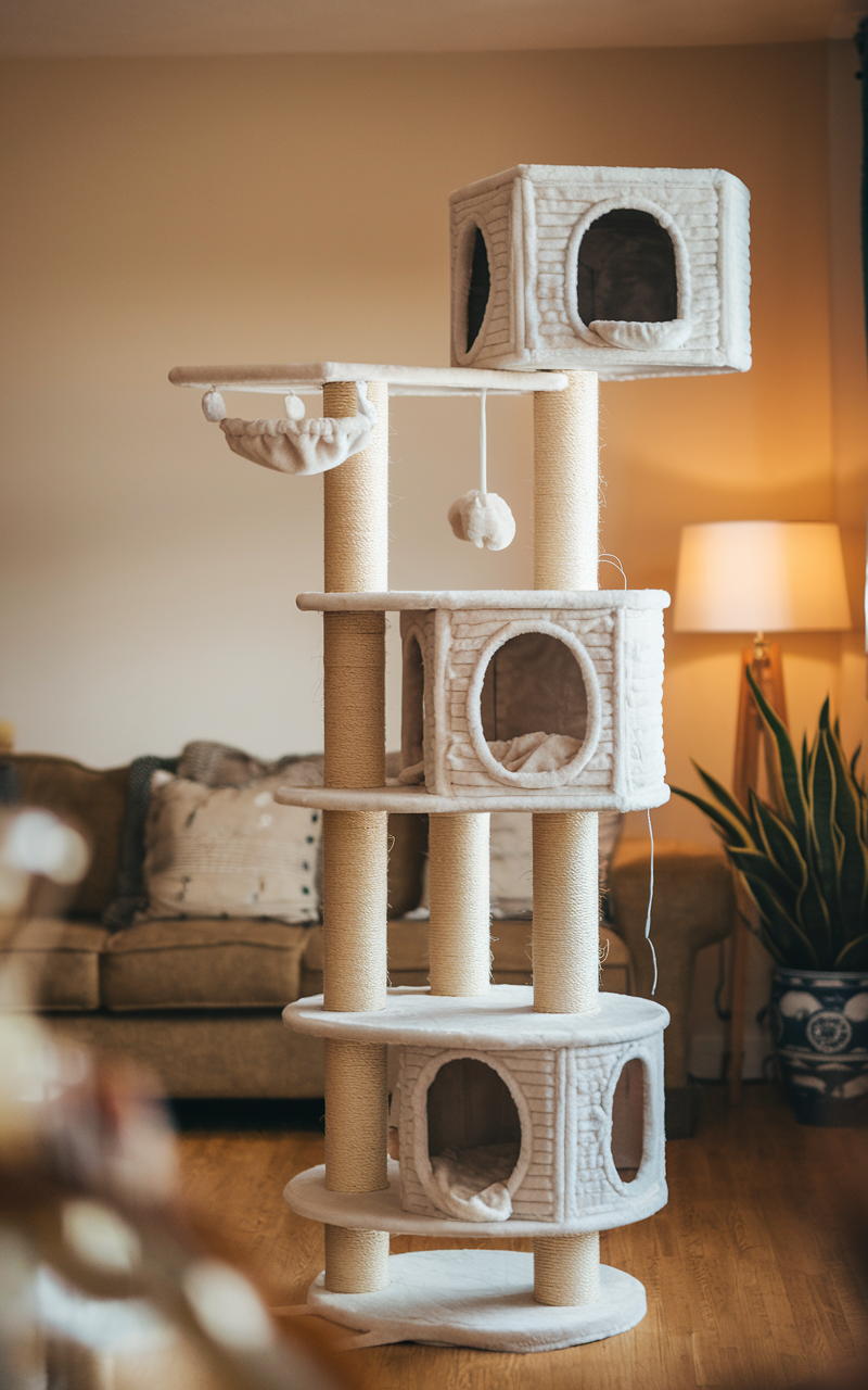A tall cat tree condo with multiple levels